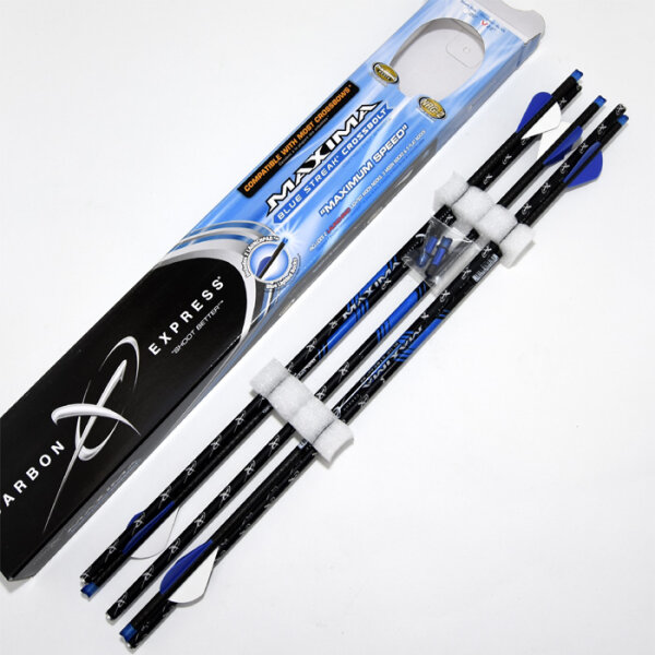 Carbon Express, Armbrust Bolzen - Maxima Blue Streak - 22 Zoll - 5er Pack, incl. 2 Leucht-, 5 Mond- und 5 Flachnocken, excl. Spitze